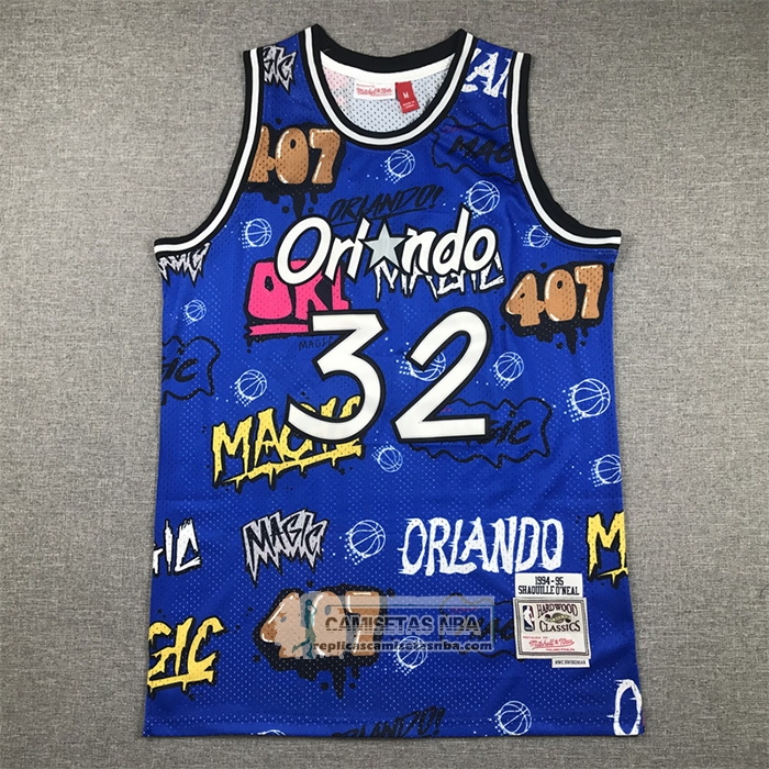 Camiseta Orlando Magic Shaquille O'Neal NO 32 Slap Sticker Mitchell & Ness 1994-95 Azul